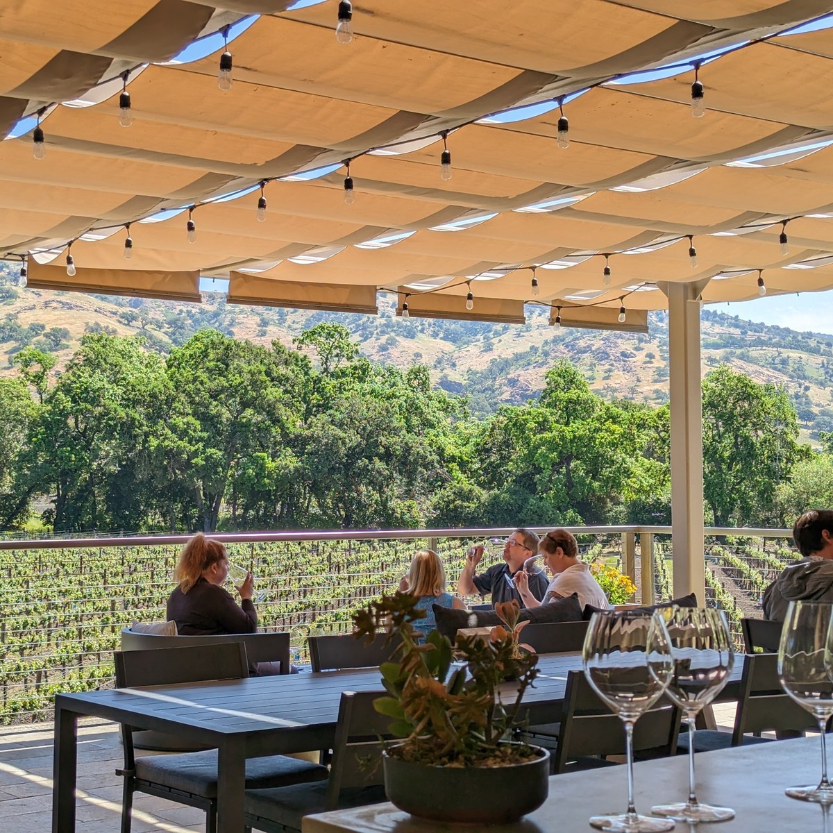 Scenic winery terrace overlooking vineyards and hills