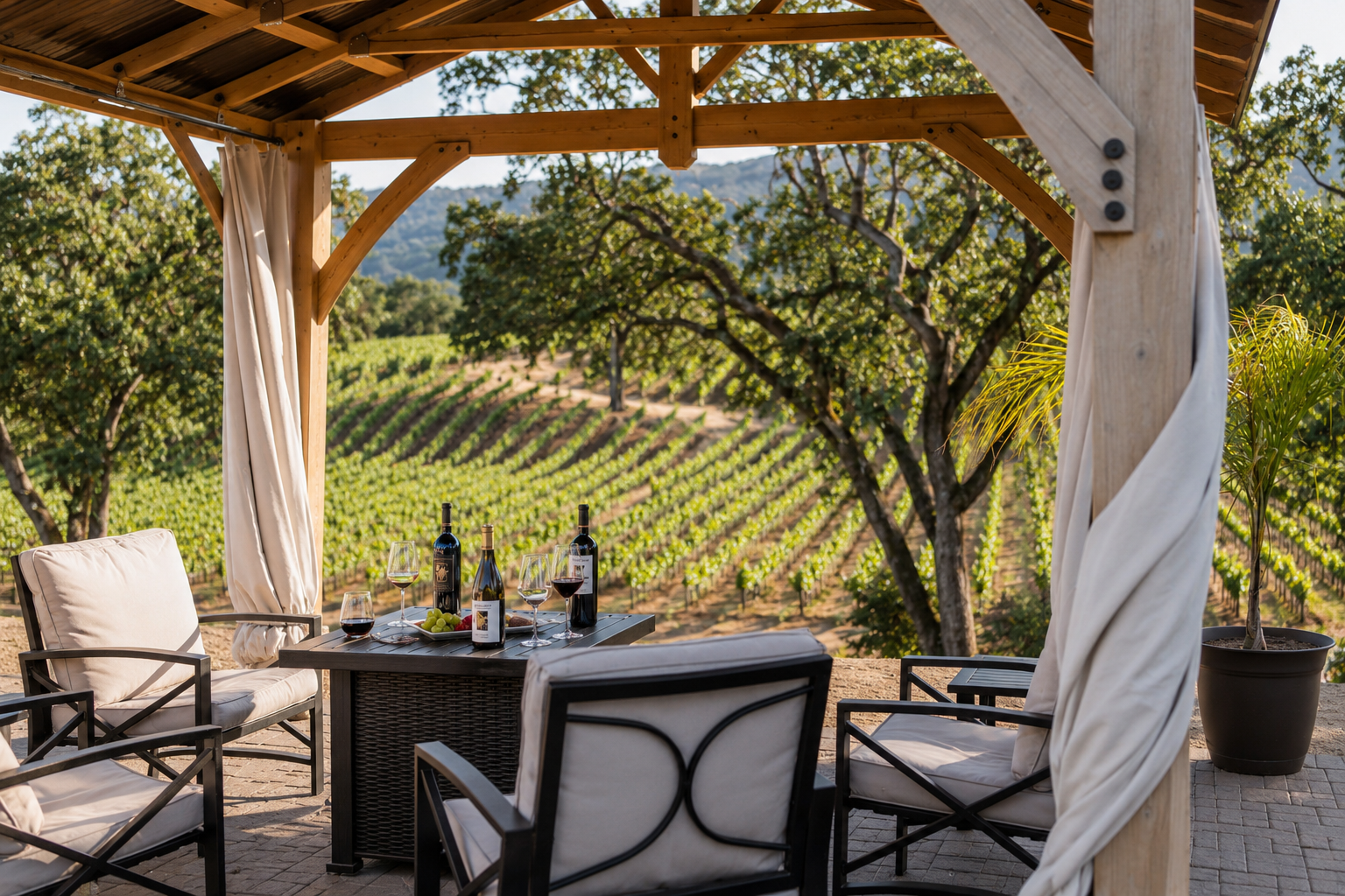 Sunlit Sonoma vineyard patio wine tasting view