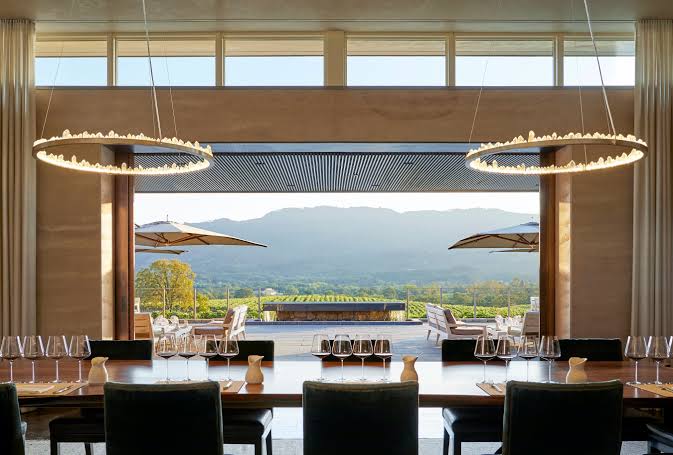 Elegant Sonoma tasting room with dramatic vineyard and mountain views for the heavy hitter stop